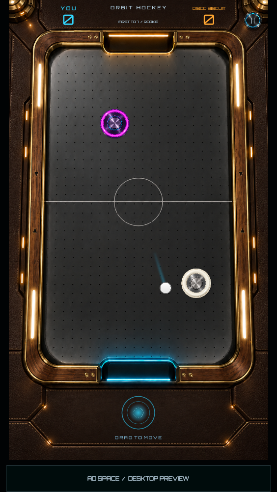 A rally in Orbit Hockey with a puck traveling toward the player's mallet