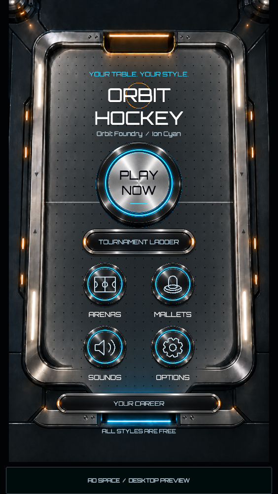 Orbit Hockey home menu with its large silver Play puck and amber Tournament Ladder button