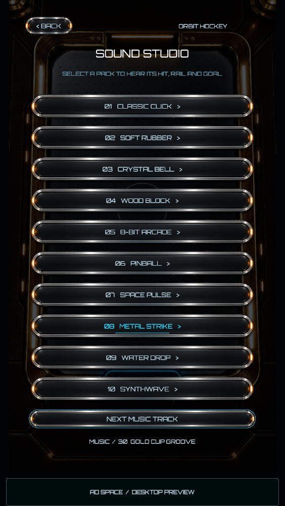 The Orbit Hockey sound selection screen with sound pack previews and music controls